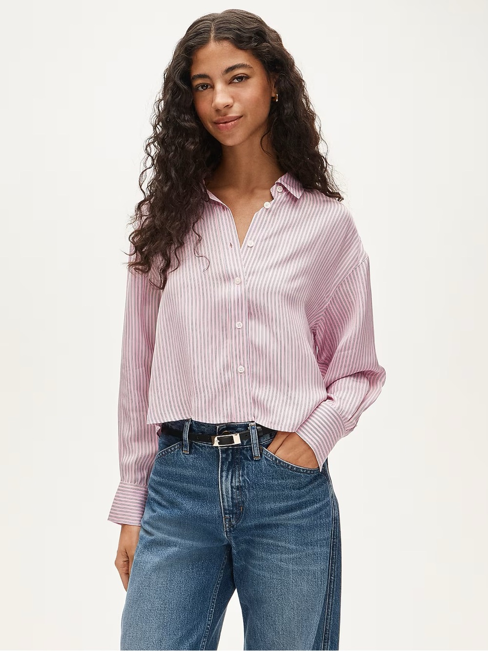 J. Crew Pink and White Striped Cropped Button-Down Shirt